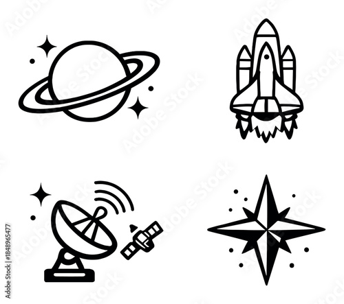 Space exploration icons: planet, rocket, satellite, compass