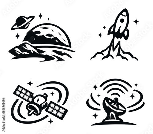 Space icons: moon, rocket, satellite, antenna on metallic background