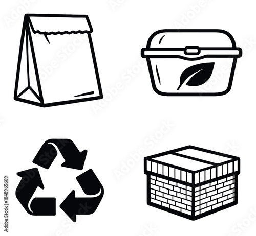 Eco-friendly packaging icons: reusable bag, lunch container, recycling symbol, brick pattern