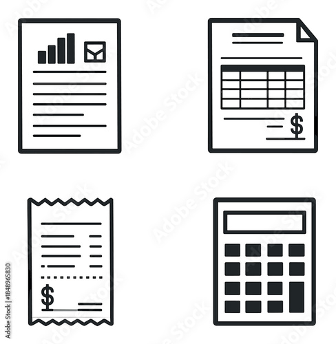 Financial document and calculator icons on gray background