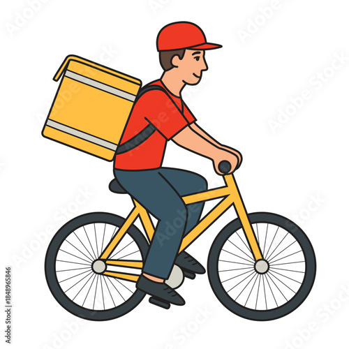 A courier in a red cap with a large square yellow box on his back rides a bicycle, side view. Vector illustration isolated on a white background