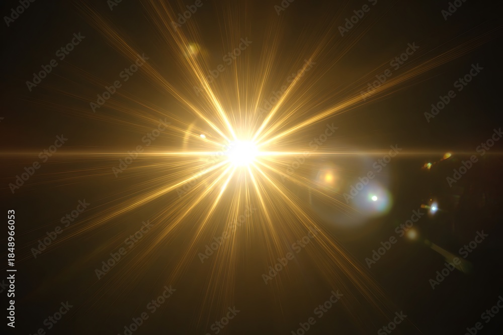 Fototapeta premium Vibrant golden light burst on dark background with lens flares