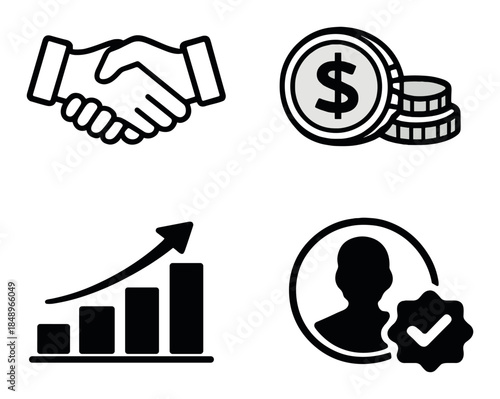 Business symbols of handshake, money, growth graph, and verified user
