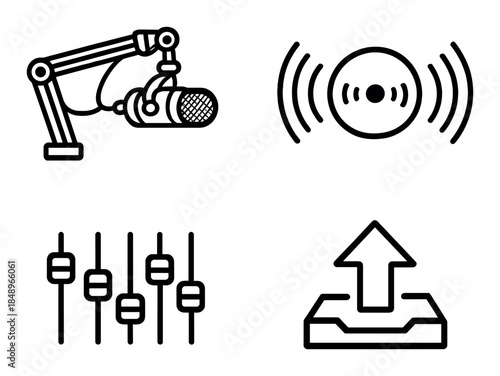 Podcasting icons: microphone, recording, mixing, uploading symbols