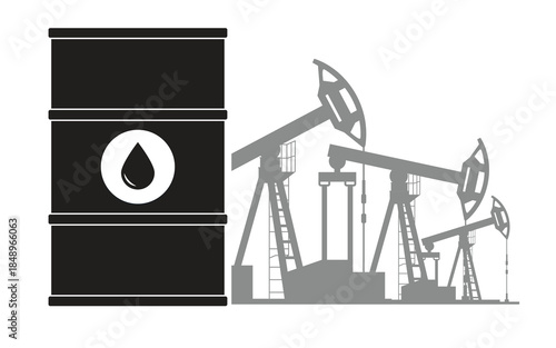 Black Oil barrel and silhouettes of oil drilling derricks. Vector illustration isolated on a white background