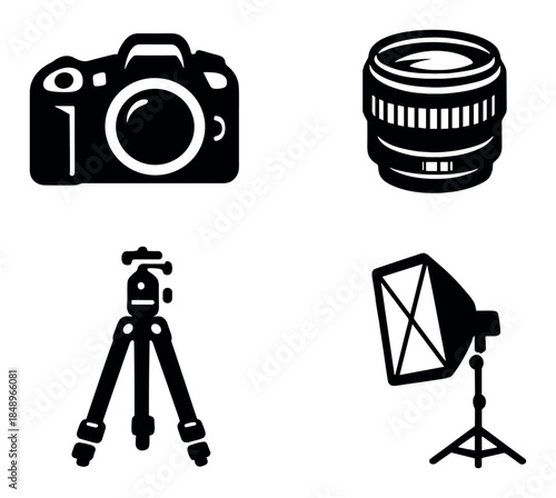Photography equipment icons: camera, lens, tripod, lighting setup