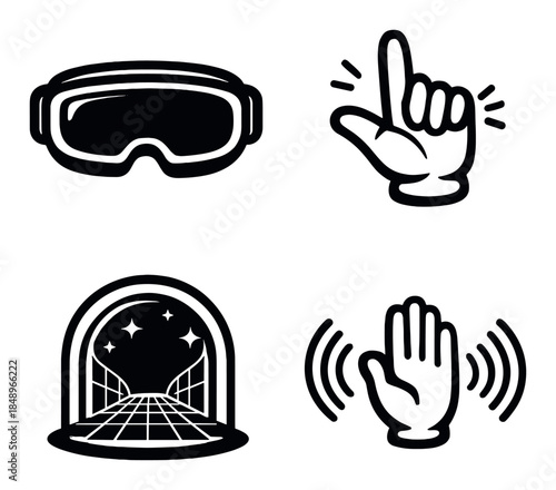 Virtual reality icons set featuring goggles and hand gestures on gray background
