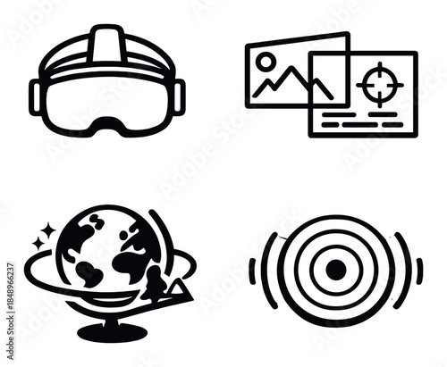 Vr goggles headset, image processing, globe, sound waves icons on gray background