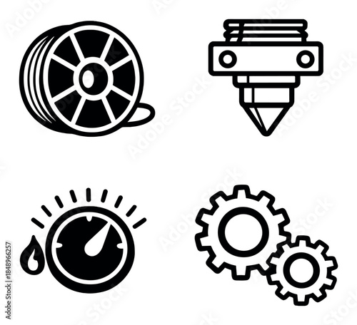 3d printing icons: filament, nozzle, speed gauge, gears on gradient background