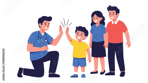 Healthcare Cheer: A doctor in scrubs shares a high-five with a young patient, their family watching on, emphasizing care, and trust.