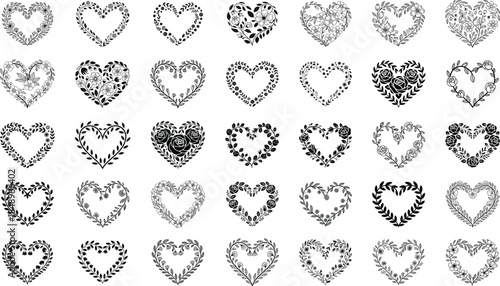 Floral Heart Frame Collection Design. Elegant hand drawn botanical heart wreath illustrations 
