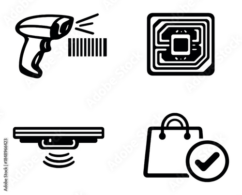Barcode scanner, rfid chip, sensor, shopping bag icon set