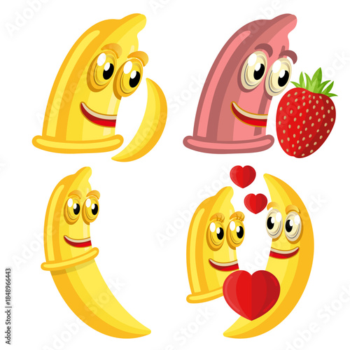 Cartoon characters Condom in Flat Style. Vector Icons Condom with Banana, Strawberry and Condom on banana soft show as use it