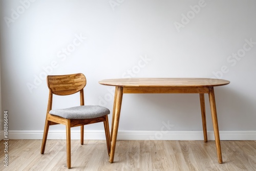 Wallpaper Mural Wooden dining table and chair set placed against a bright interior wall Torontodigital.ca