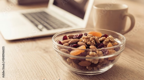 Healthy snack of mixed nuts and dried fruits beside a laptop with a coffee cup in a cozy workspace