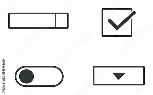 Minimalist user interface elements: slider, checkbox, toggle, dropdown