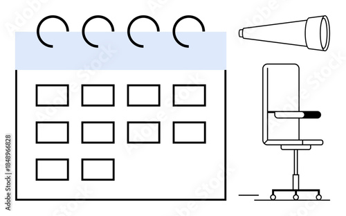 Time management, workplace planning, remote work, corporate goals, productivity tools, future focus. Calendar, office chair and telescope in minimal style. Time management and workplace planning