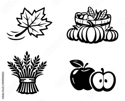 Autumn harvest symbols: leaf, basket, wheat, apple silhouettes on gray