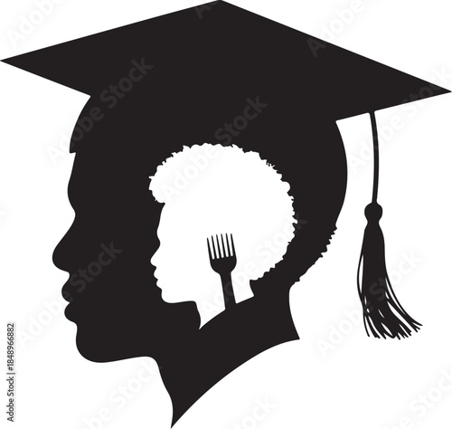 Graduation cap silhouette with afro pick symbolizing black pride and education