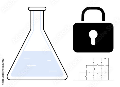 Science and security concept. Science by a chemical flask, security by a padlock, and interconnected solutions ed by puzzle pieces. Science, security, and problem-solving for research, data
