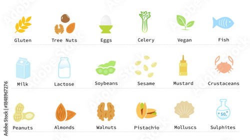 Food allergens set icon. Icons designed to represent the major food allergens clearly and effectively. The outline icons are well scalable and editable, good for different backgrounds. EPS10.