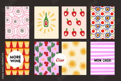 Colorful patterned backgrounds with fruit wine and text elements displayed neatly
