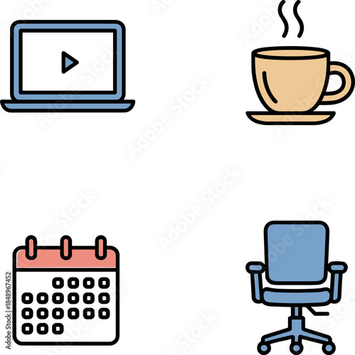 Essential Work from Home Icons Set: Laptop Video Streaming, Hot Coffee Mug, Planning Calendar, and Ergonomic Office Chair Vector Illustration Pack for Business, Digital Productivity, and Scheduling.