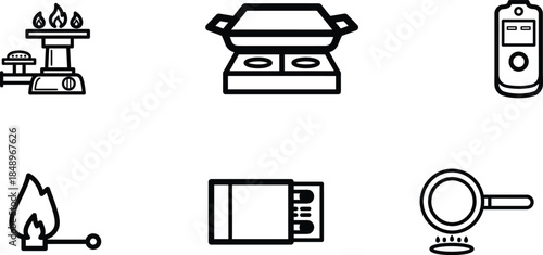 line drawing of various kitchen appliances and tools for cooking and heating food