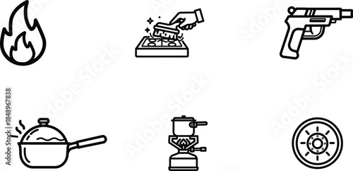 Line icons of fire gun pot coffee maker and car wheel