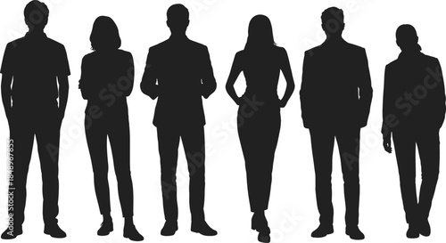 people, silhouette, standing, business, men, women, group, human, professional, community, diversity, lifestyle, black, vector, illustration, collection, isolated, identity, modern, design