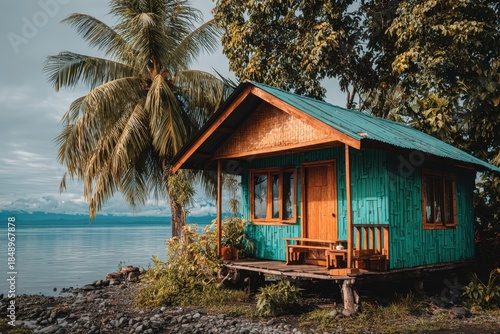Cozy cabin by the serene lakeside surrounded by tropical tree