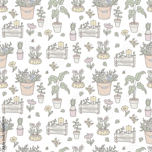 Seamless Gardening Pattern. Repeating Spring Potted Plants, Flowers, And Botanical Cozy Home Decor on White Background. Pastel Hand Drawn Doodle. Vector illustration. Not AI