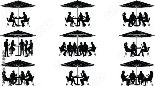 people, cafe, silhouette, restaurant, outdoor, dining, conversation, group, social, meeting, table, umbrella, black, vector, illustration, lifestyle, friends, communication, isolated, design
