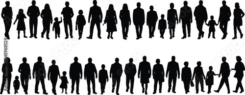 people, silhouette, walking, crowd, family, men, women, children, group, human, society, lifestyle, black, vector, illustration, collection, isolated, movement, urban, design