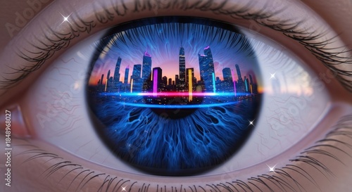 Futuristic city skyline reflected in a human eye
