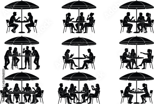 people, cafe, silhouette, outdoor, dining, restaurant, social, meeting, conversation, group, table, umbrella, lifestyle, friends, black, vector, illustration, communication, isolated, design