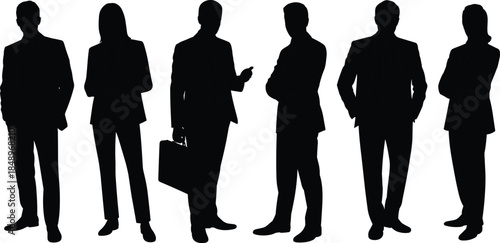 Professional business people silhouettes standing together, corporate teamwork, leadership, confidence, success, office culture, management, career, workforce, cad drawing flat vector illustration