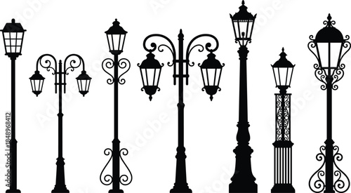 vintage, street, lamp, silhouette, lantern, decorative, collection, outdoor, lighting, pole, black, vector, icon, set, classic, ornamental, urban, design, illustration, isolated