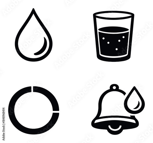 Water droplet, glass, chart, and alarm bell icons on dark background