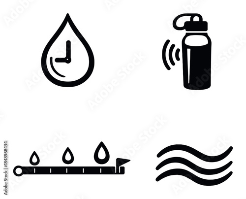 Black gradient icons: water drop, thermos, timeline, waves on metallic background
