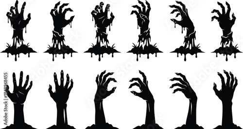 zombie, hand, silhouette, horror, spooky, monster, undead, halloween, creepy, scary, dark, vector, illustration, set, black, isolated, design, nightmare, terror, graphic