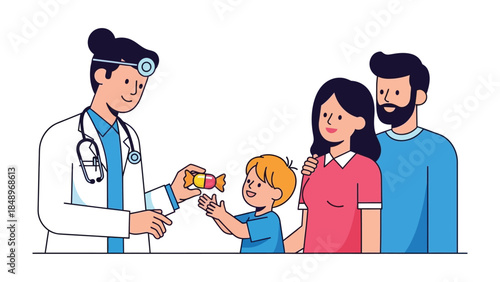 A Friendly Visit: A family shares a warm moment with a medical professional, symbolizing trust and care, suggesting a positive experience and emphasizing well-being. 