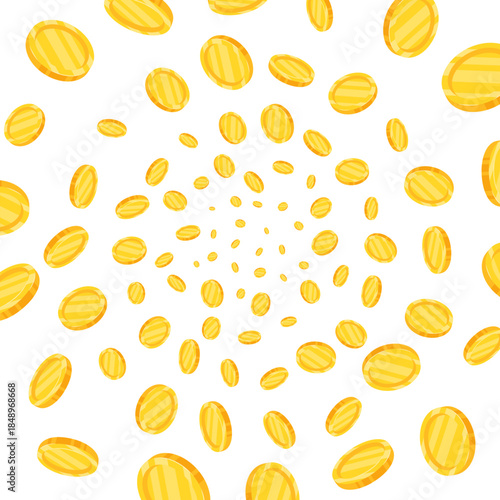 Gold coins falling down in various positions, isolated on white with a subtle blur effect. Represents money in motion, wealth, and financial flow for banking, investment, and prosperity concepts