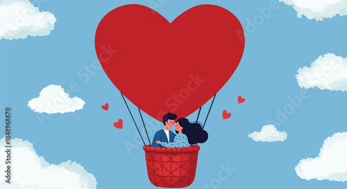 Romantic couple sharing an intimate moment inside a giant red heart shaped hot air balloon soaring through blue skies