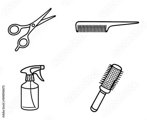 Silhouette of hairdressing tools: scissors, comb, spray bottle, brush on dark background
