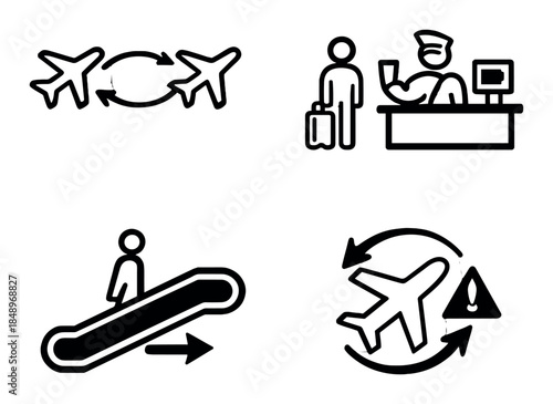 Airport icons: travel, security, escalator, flight transfer symbols