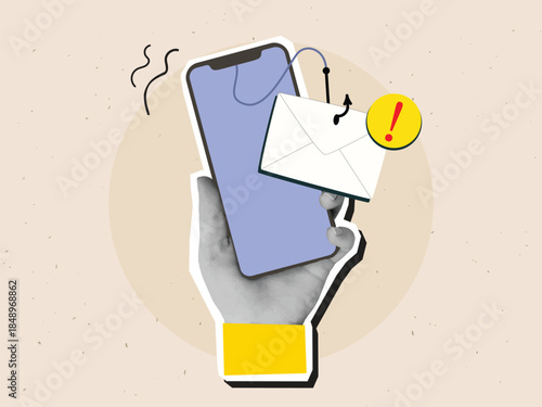 Black and white hand holding phone with a scam letter. Concept of fraudulent messages. Modern collage style. Vector illustration