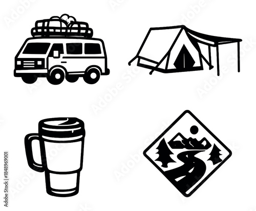Camping adventure icons: van, tent, coffee mug, mountain road sign