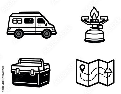 Camping van stove toolbox map icons on gray background