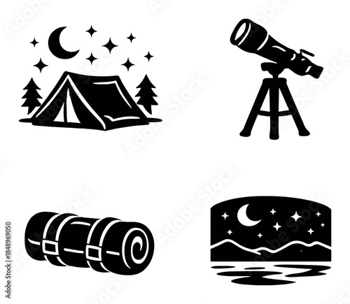 Camping adventure outline icons: tent, telescope, sleeping bag, night sky